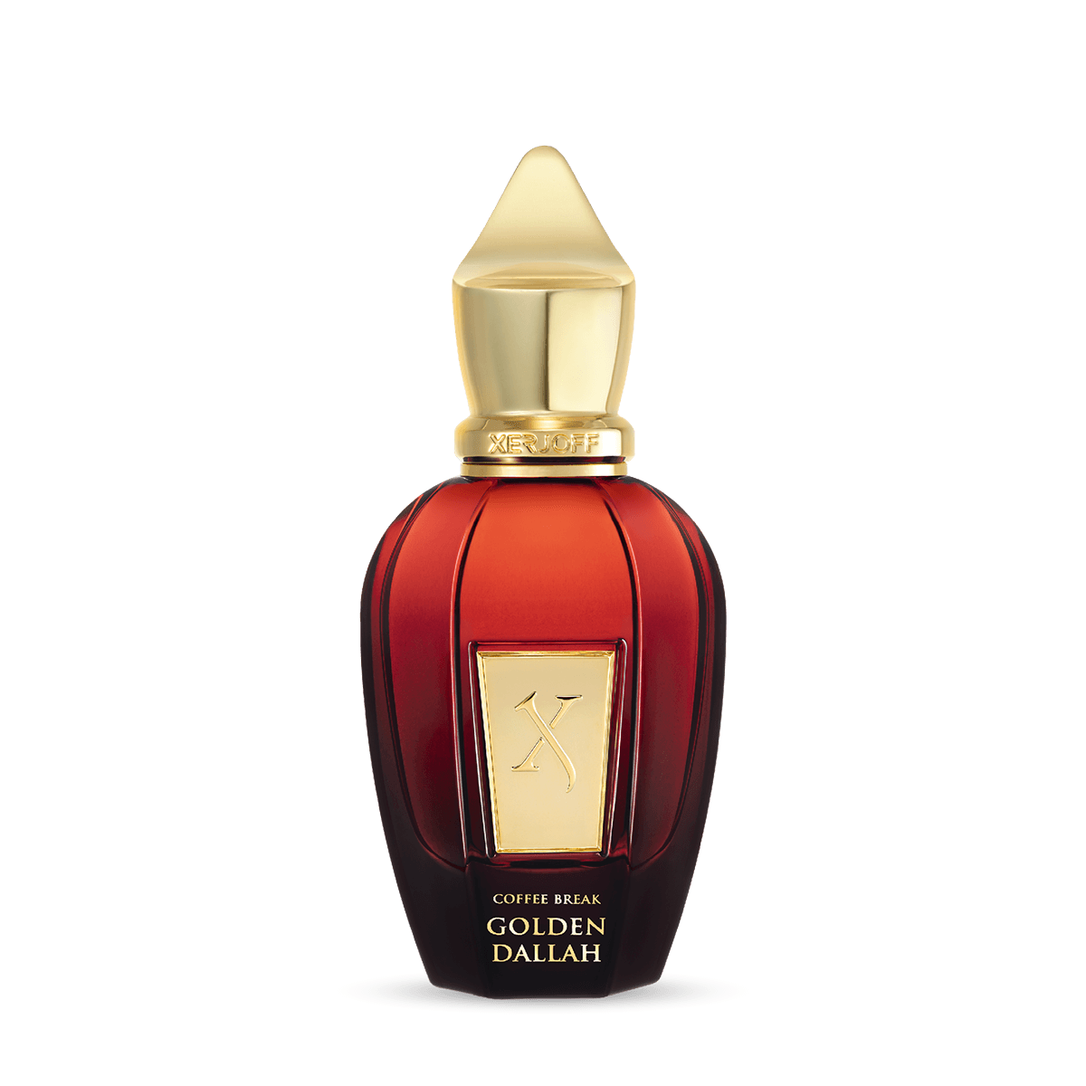 A luxurious perfume bottle with a golden cap and a dark red label, branded as Xerjoff Golden Dallah.